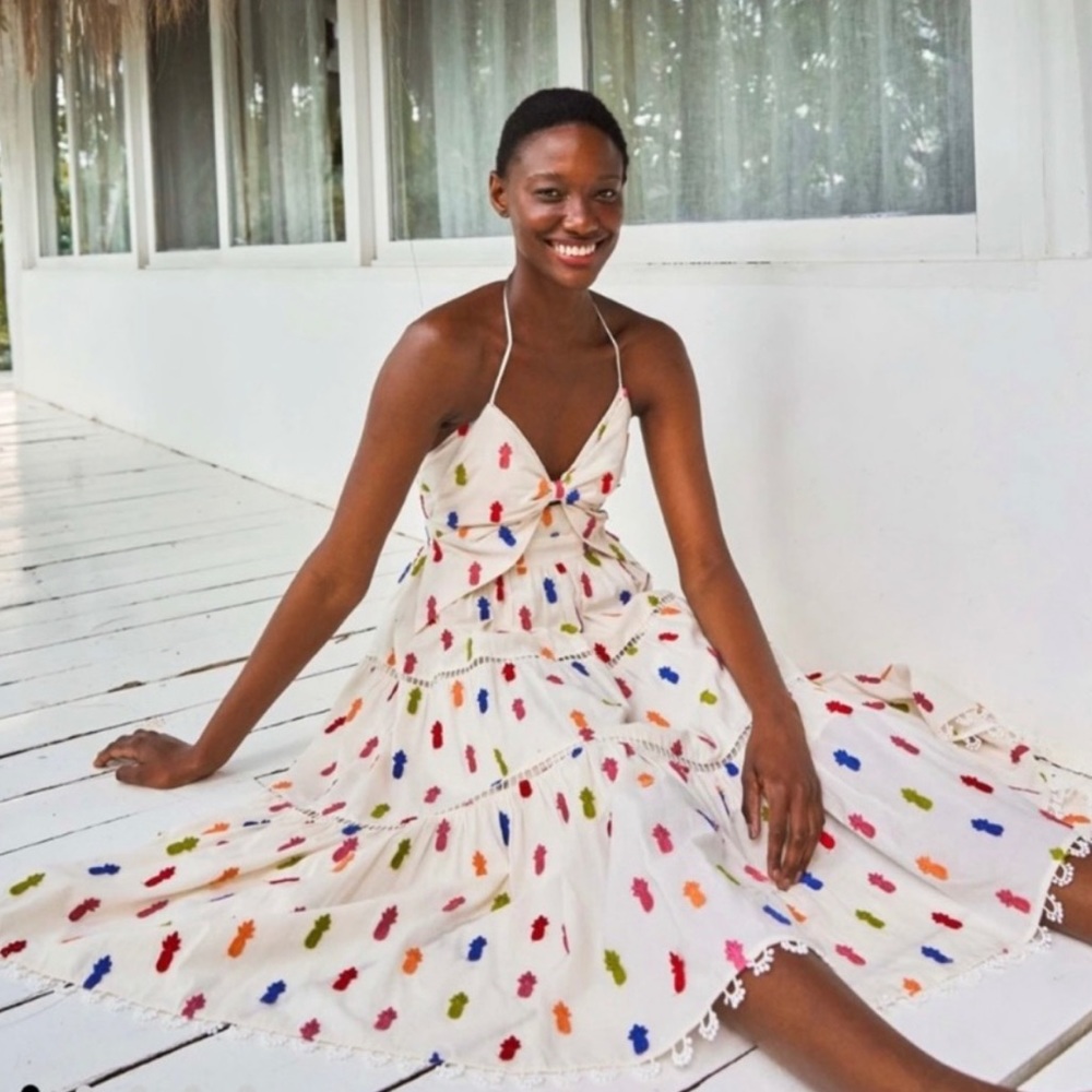 FARM Rio White Midi Dress with Multicolor Dot Print